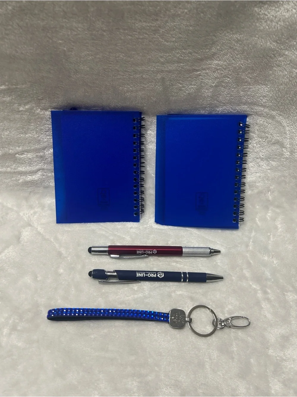 2 small blue spiral notebook pen set 2 pens rhinestone wristlet keychain strap